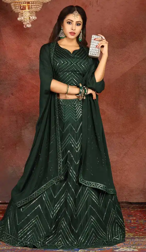Dark Green Color Georgette Heavy Designer Traditional Readymade Lehenga -813199070