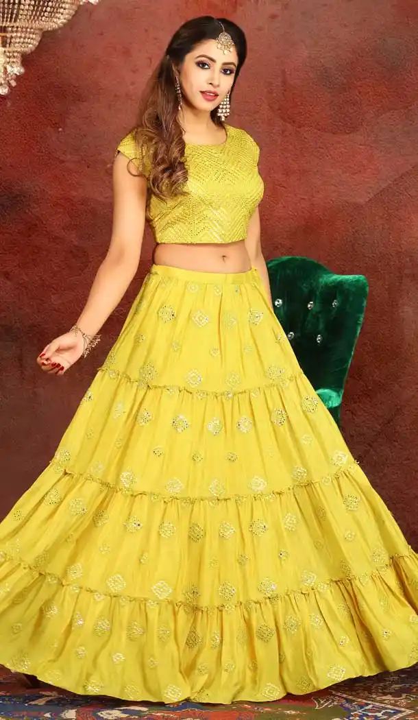 Yellow Color Georgette Heavy Designer Traditional Readymade Lehenga -813199071