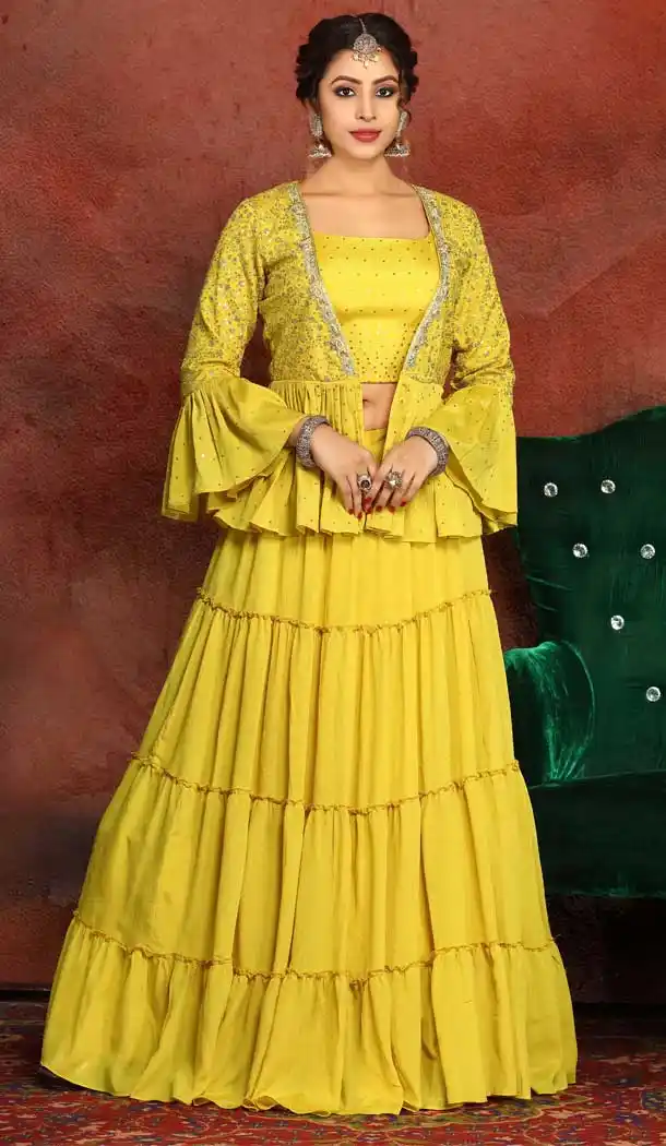 Yellow Color Georgette Heavy Designer Traditional Readymade Lehenga -813199073