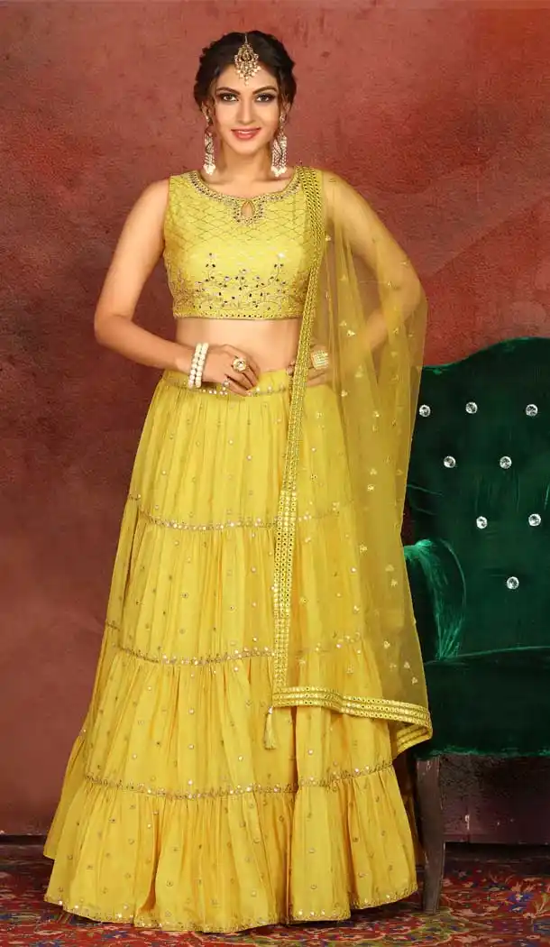 Yellow Color Georgette Heavy Designer Traditional Readymade Lehenga -813199075