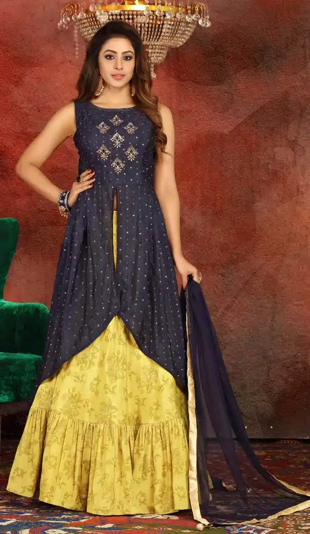 Navy Blue Color Georgette Heavy Designer Traditional Readymade Suit -813199077