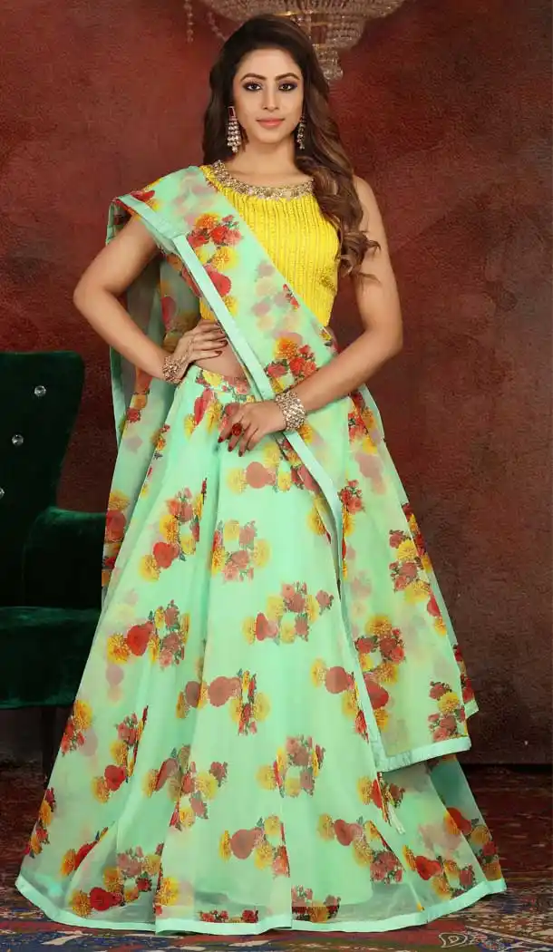 Yellow Pista Color Georgette Heavy Designer Traditional Readymade Lehenga -813199079