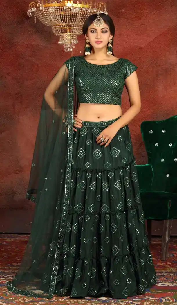 Dark Green Color Georgette Heavy Designer Traditional Readymade Lehenga -813199080