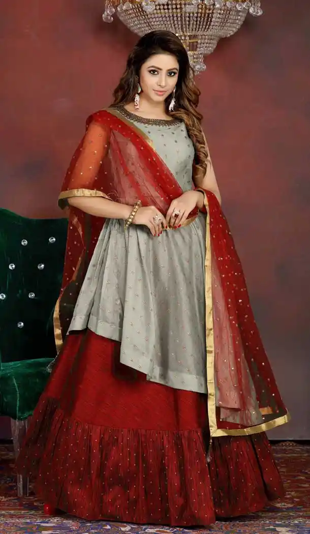Grey Red Color Chanderi Silk Designer Wedding Party Wear Lehenga Suit -813299081