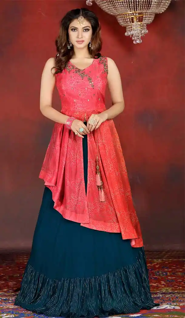 Pink Teal Color Georgette Designer Wedding Party Wear Lehenga Suit -813299083