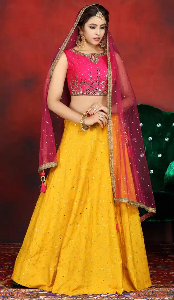 Pink Yellow Color Georgette Designer Wedding Party Wear Lehenga -813299084