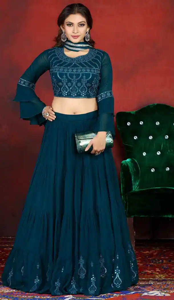 Teal Blue Color Georgette Designer Wedding Party Wear Lehenga -813299087