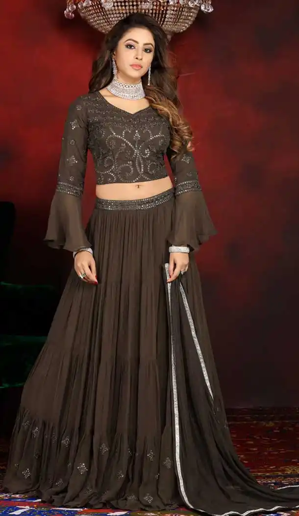 Coffee Color Georgette Designer Wedding Party Wear Lehenga -813299088