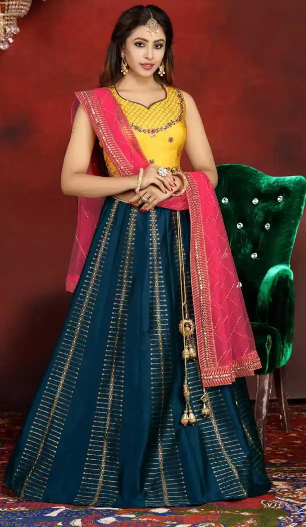 Teal Blue Color Banarasi Silk Heavy Designer Readymade Lehenga -813399091