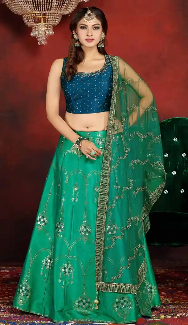 Green Color Banarasi Silk Heavy Designer Readymade Lehenga -813399092