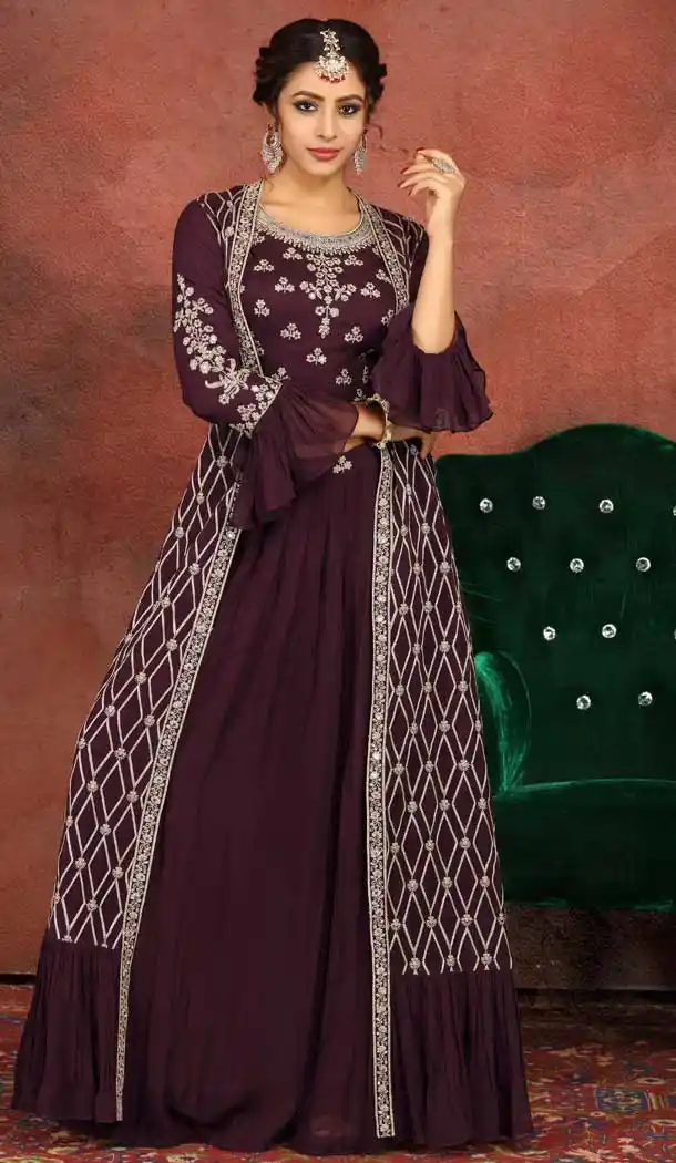 Wine Color Georgette Heavy Designer Readymade Lehenga With Jacket -813499103