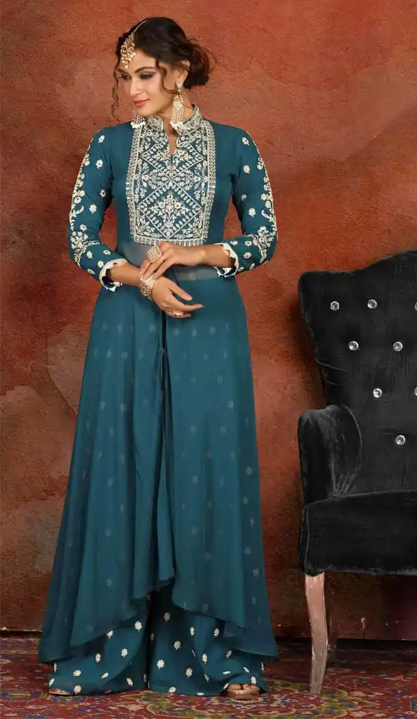 Teal Blue Georgette Heavy Designer Wear Readymade Palazzo Suit -813499104