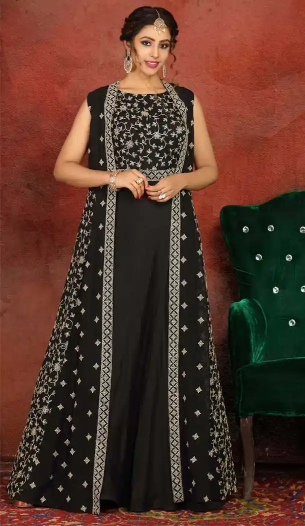 Black Georgette Heavy Designer Wear Readymade Gown Suit -813499105