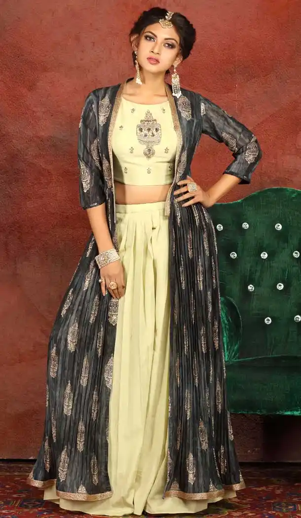 Yellow Grey Color Georgette Heavy Designer Readymade Lehenga With Jacket -813499108