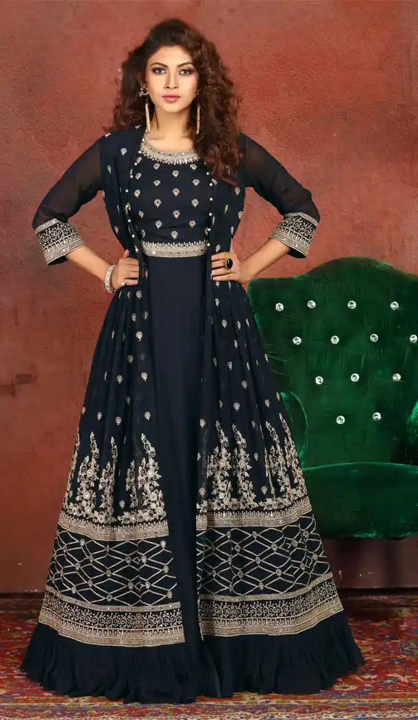 Navy Blue Georgette Heavy Designer Wear Readymade Gown Suit -813499110
