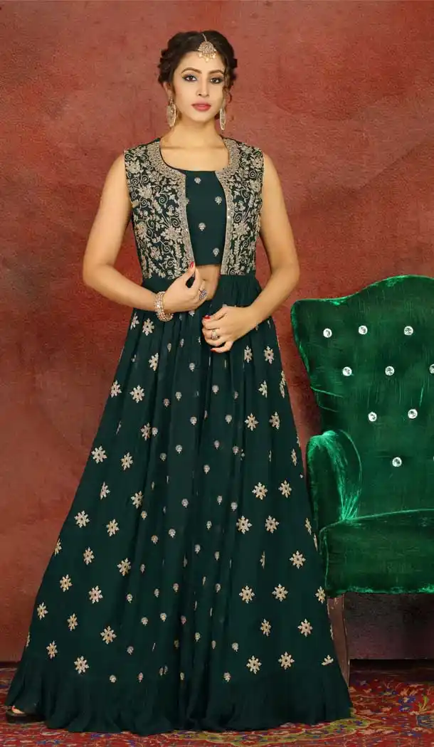Dark Green Color Georgette Heavy Designer Readymade Lehenga With Jacket -813499111