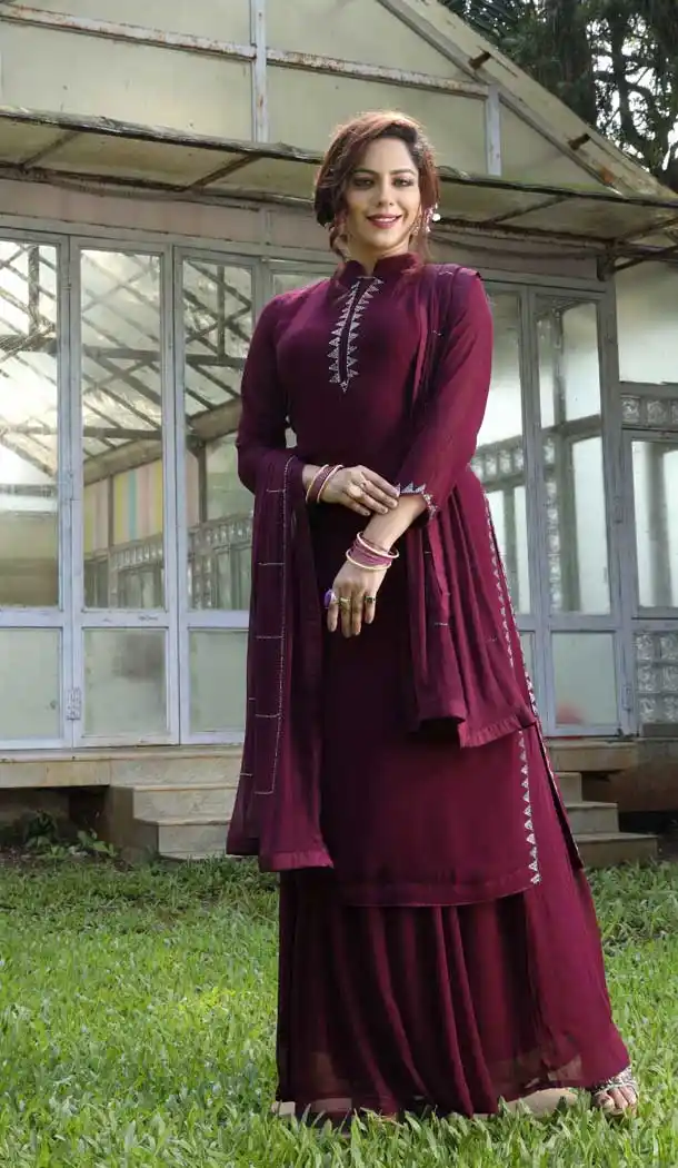Maroon Color Georgette Heavy Designer Readymade Palazzo Suit -814299177