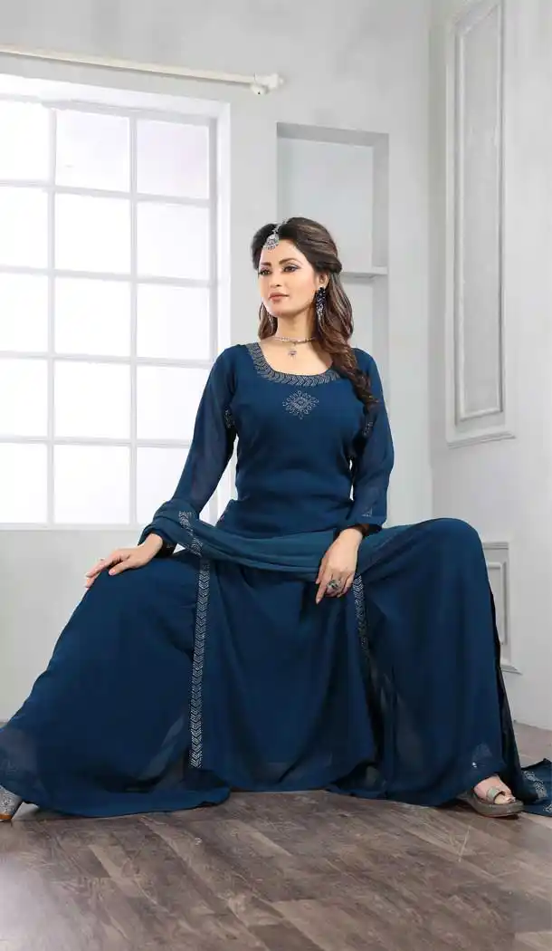 Blue Color Georgette Heavy Designer Readymade Palazzo Suit -814299178