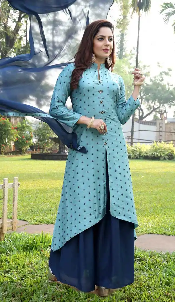 Sky Blue Color Art Silk Heavy Designer Readymade Palazzo Suit -814299179