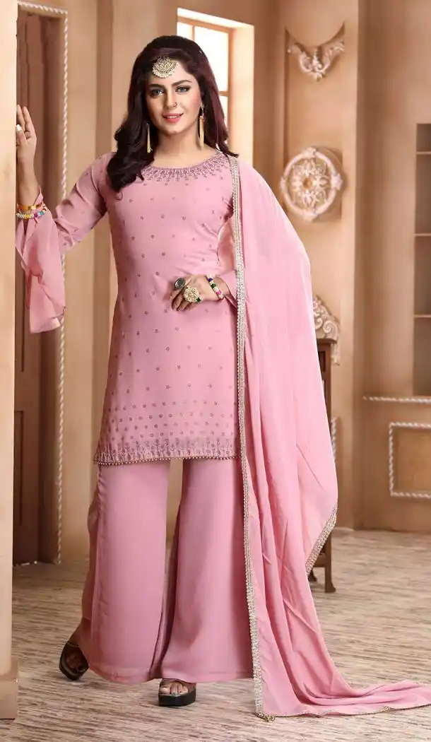 Pink Color Georgette Heavy Designer Readymade Palazzo Suit -814299180