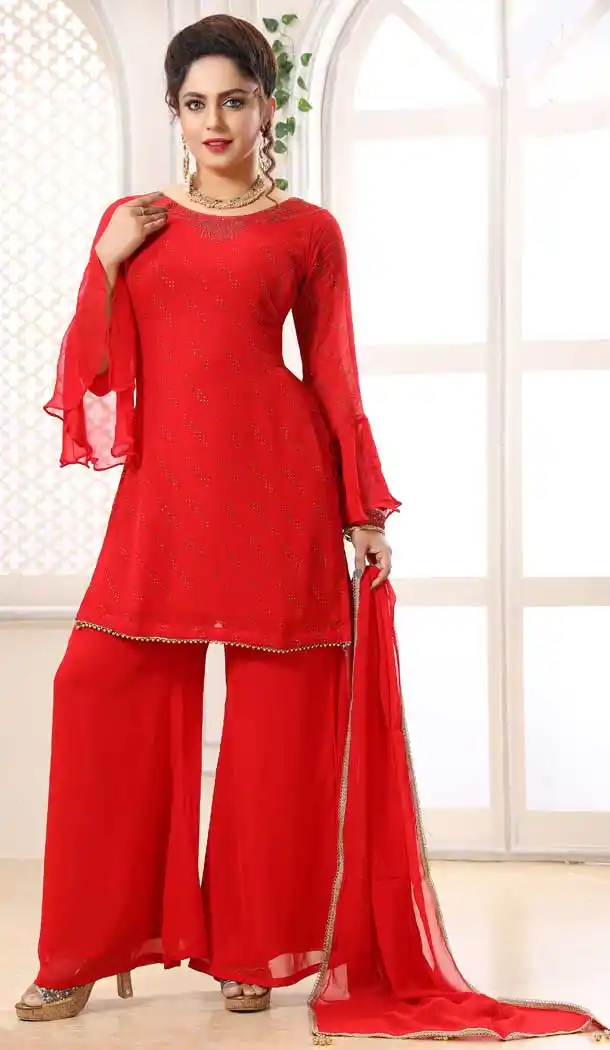Red Color Georgette Heavy Designer Readymade Palazzo Suit -814299183