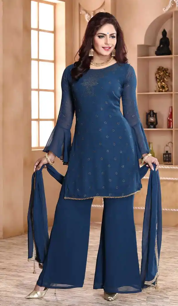 Navy Blue Color Georgette Heavy Designer Readymade Palazzo Suit -814299184