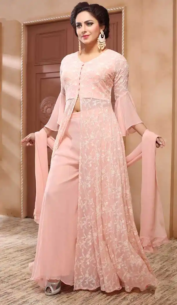Peach Color Georgette Heavy Designer Readymade Palazzo Suit -814299186