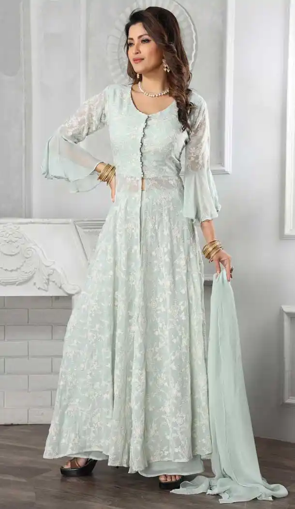 Sky Color Georgette Heavy Designer Readymade Palazzo Suit -814299187