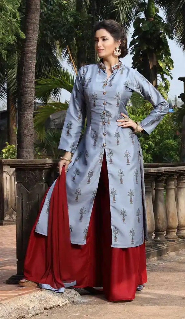 Steel Grey Color Art Silk Heavy Designer Readymade Palazzo Suit -814299190