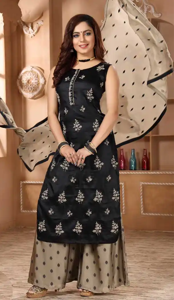 Black Color Art Silk Heavy Designer Readymade Palazzo Suit -814299191