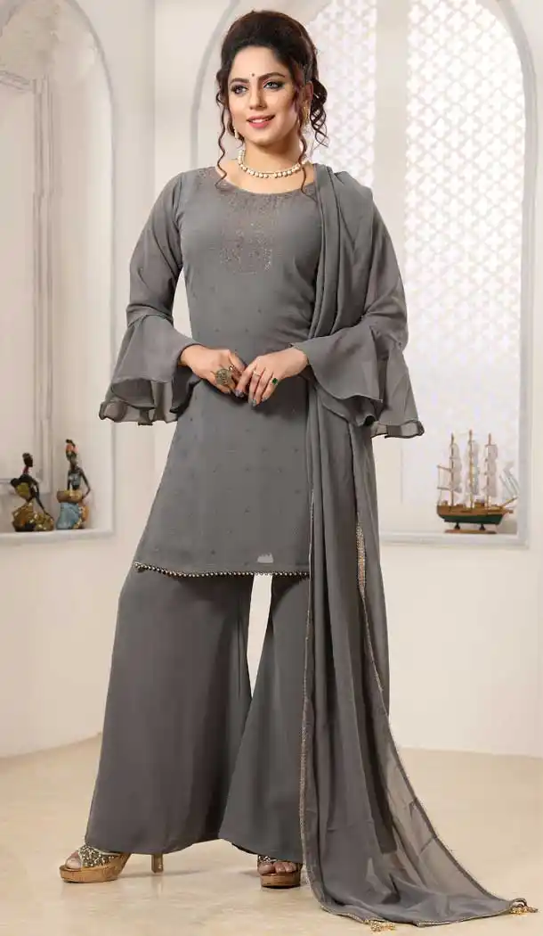 Engaging Grey Color Art Silk Heavy Designer Readymade Palazzo Suit -814299192