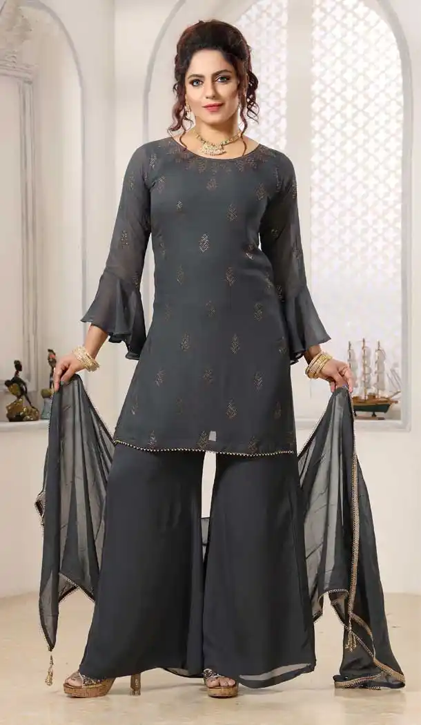 Stunning Grey Color Georgette Heavy Designer Readymade Palazzo Suit -814299194