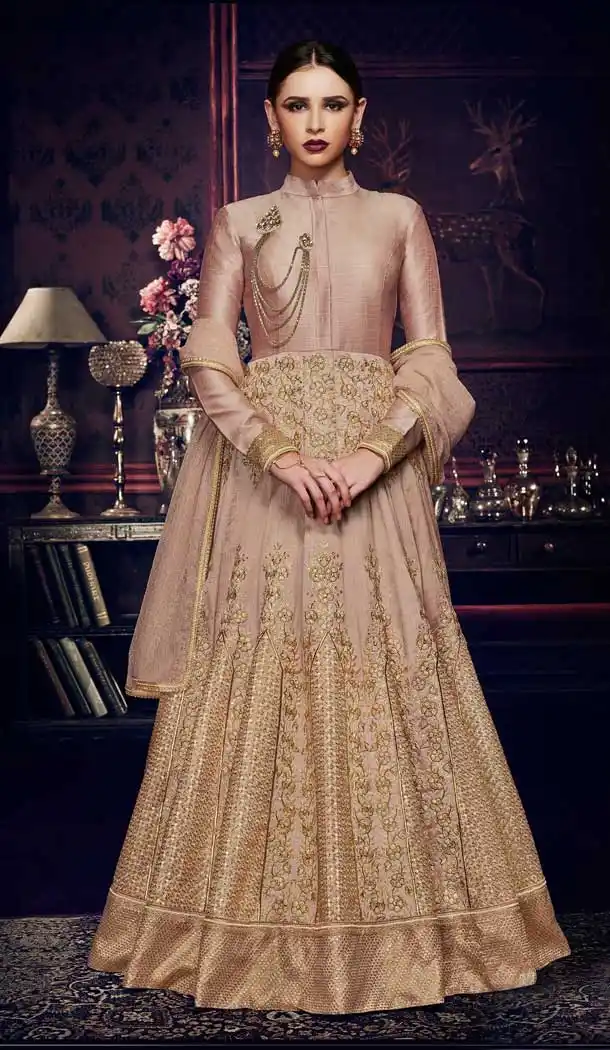 Light Onion Color Handloom Silk Designer Party Wear Salwar Kameez -814699210