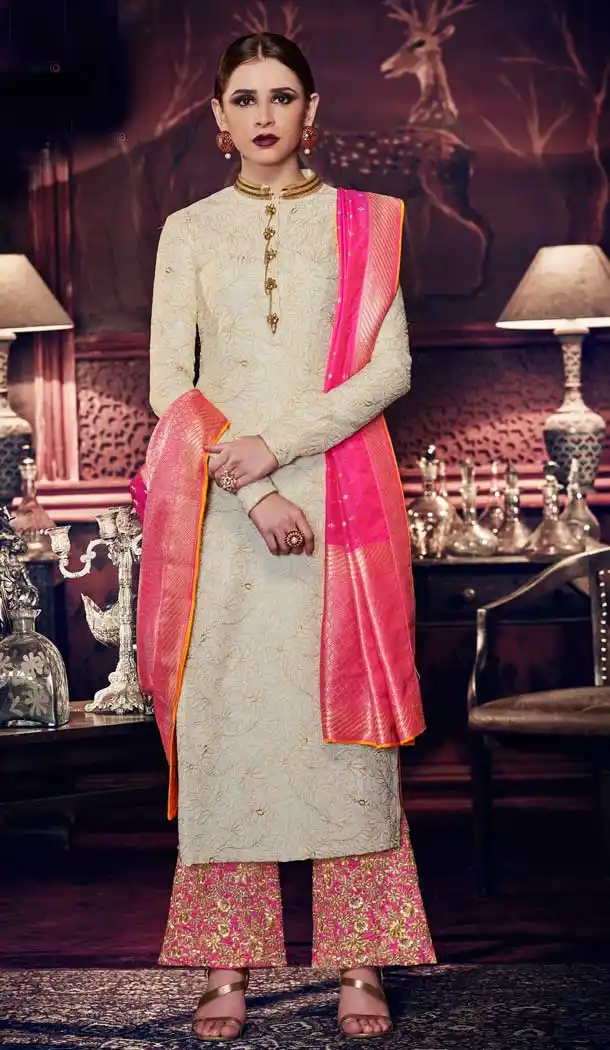 Off White Color Tussar Silk Designer Party Wear Salwar Kameez -814699213