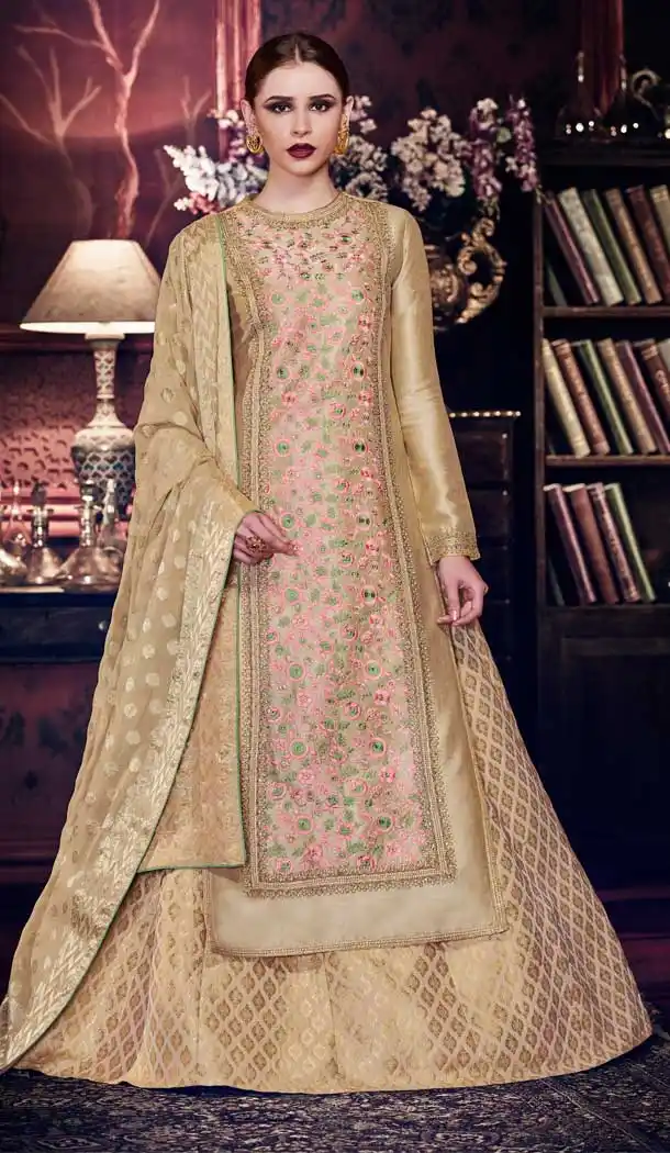 Chiku Color Handloom Silk Designer Party Wear Salwar Kameez -814699216