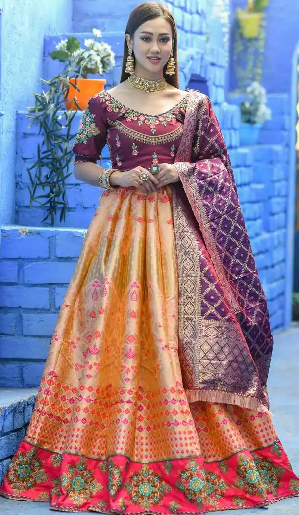 Peach Color Banarasi silk Designer Traditional Wear Lehenga Choli -814999231