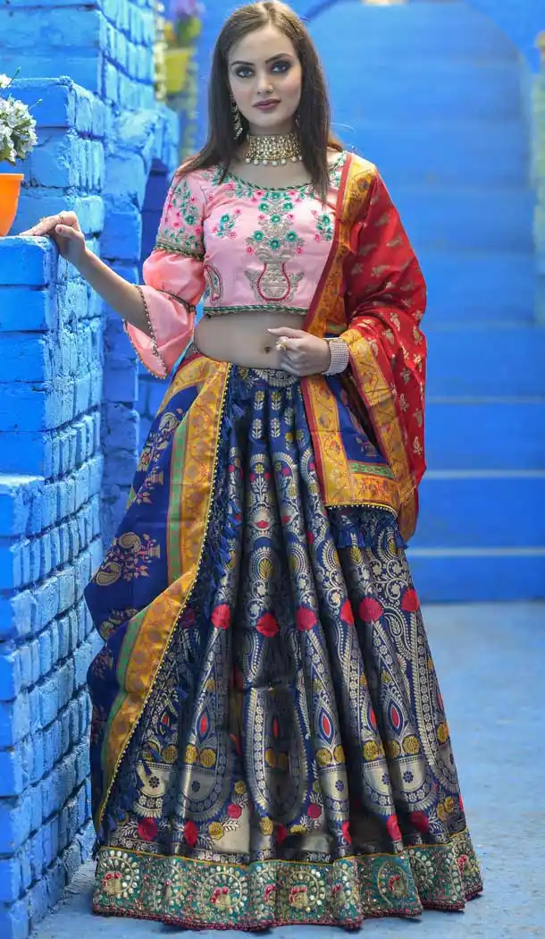 Navy Blue Color Banarasi silk Designer Traditional Wear Lehenga Choli -814999233
