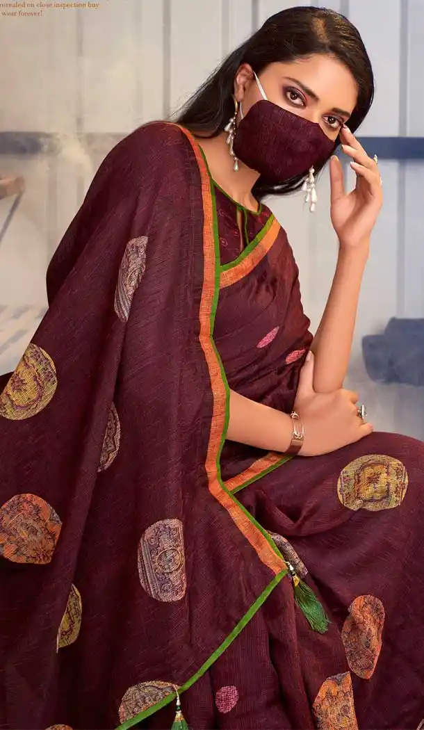 Coffee Color Jute Linen Fancy Casual Wear Saree With Mask -815199242
