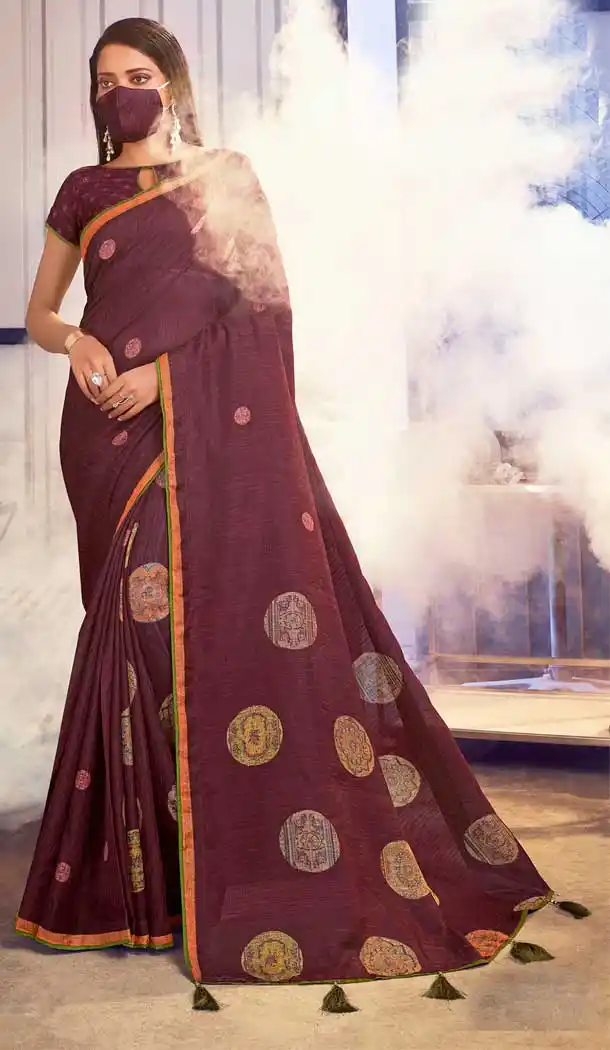 Coffee Color Jute Linen Fancy Casual Wear Saree With Mask -815199242