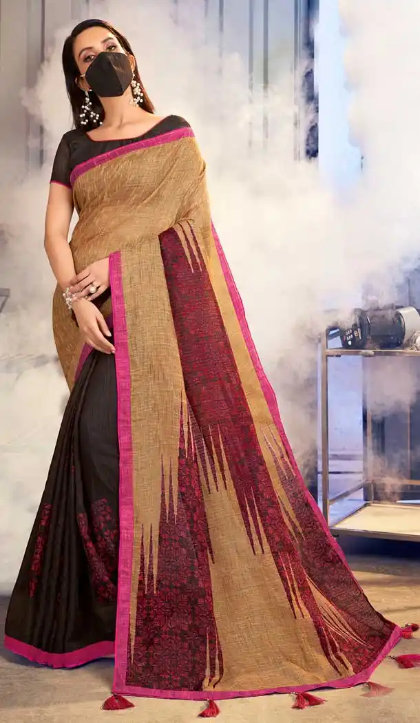 Beige Brown Color Jute Linen Fancy Casual Wear Saree With Mask -815199244