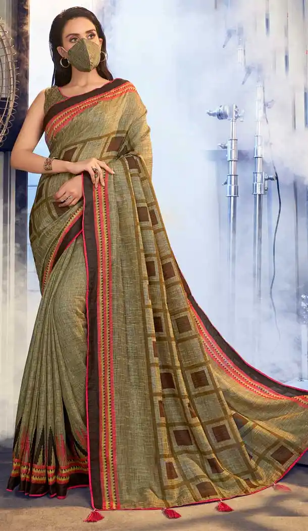 Beige Color Jute Linen Fancy Casual Wear Saree With Mask -815199246