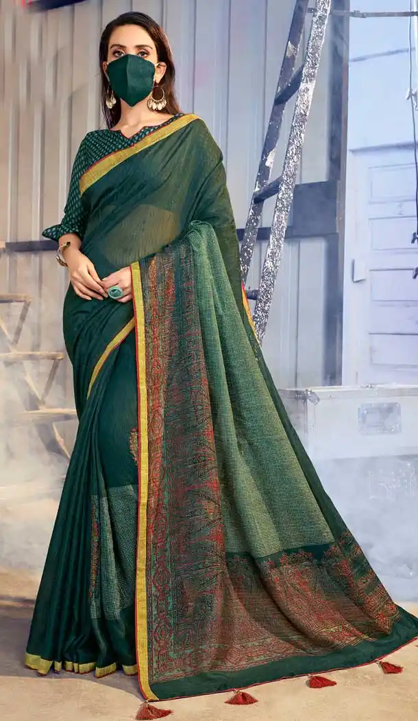 Dark Green Color Jute Linen Fancy Casual Wear Saree With Mask -815199248
