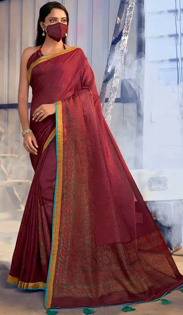 Enigmatic Maroon Color Jute Linen Fancy Casual Wear Saree With Mask -815199249