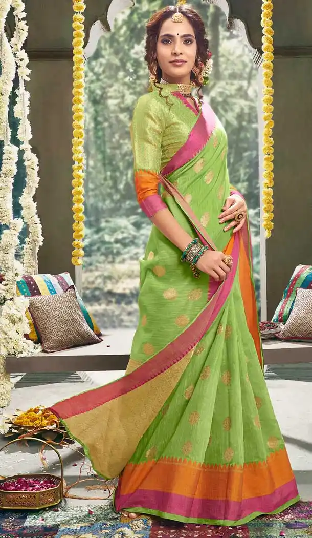 Light Green Color Cotton Based Fancy Casual Festive Wear Saree -815299254