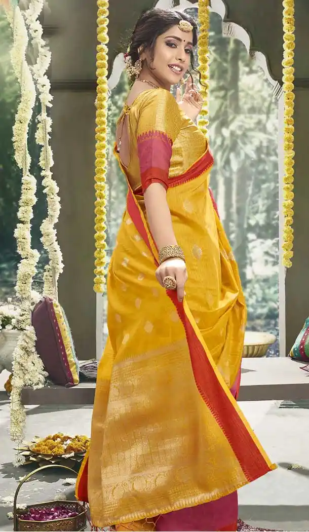 Splendorous Yellow Color Cotton Based Fancy Casual Festive Wear Saree -815299256