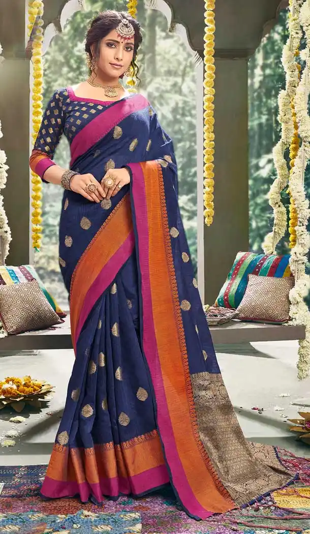 Vivacious Blue Color Cotton Based Fancy Casual Festive Wear Saree -815299257