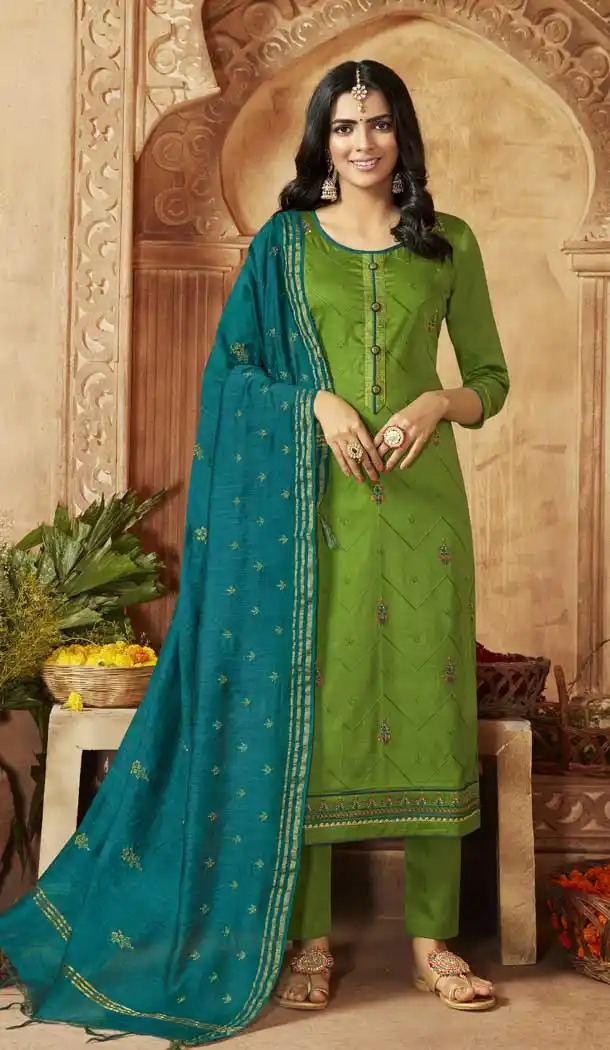 Green Color Jam Silk Cotton Casual Party Wear Salwar Suit -815599276