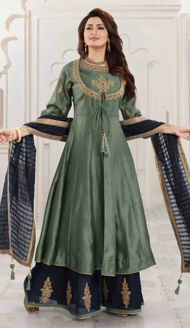 Sea Green Color Art Silk Designer Party Wear Readymade Palazzo Suit -815999338
