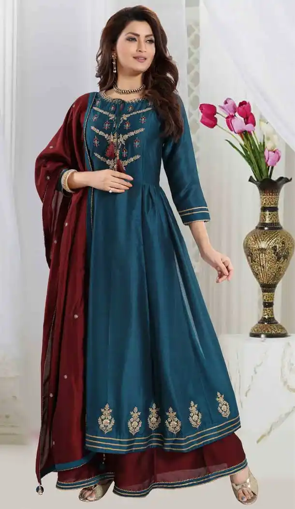 Teal Blue Color Art Silk Designer Party Wear Readymade Palazzo Suit -815999339