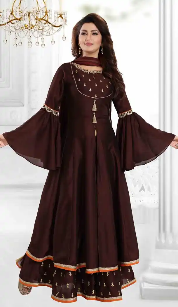 Coffee Color Art Silk Designer Party Wear Readymade Palazzo Suit -815999341